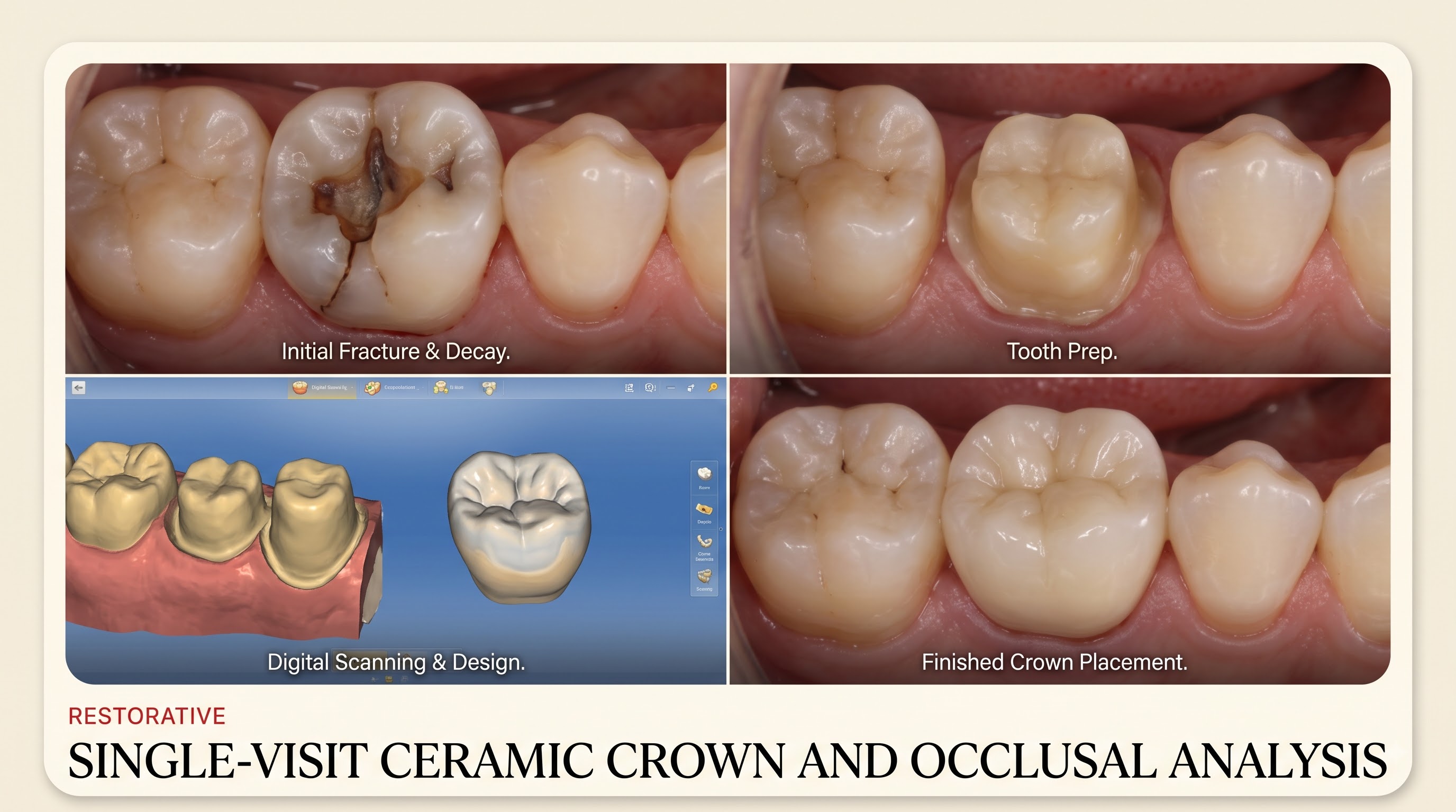 Illustrative diagram of a single-visit ceramic crown procedure, from initial fracture and decay through tooth preparation, digital scanning and the finished crown