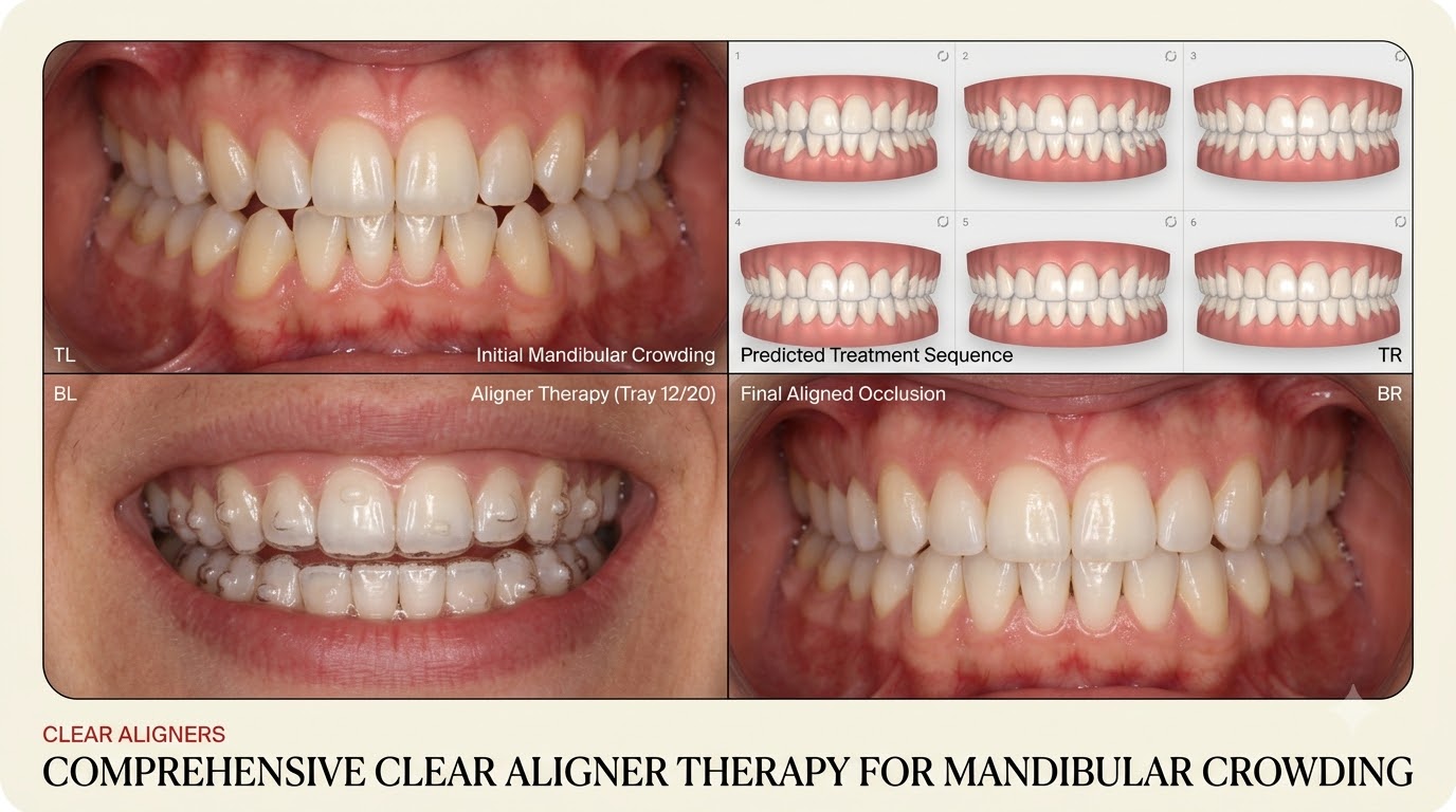 Illustrative diagram of clear aligner therapy for crowding, from initial crowding through a predicted treatment sequence, mid-treatment wear and the final aligned result