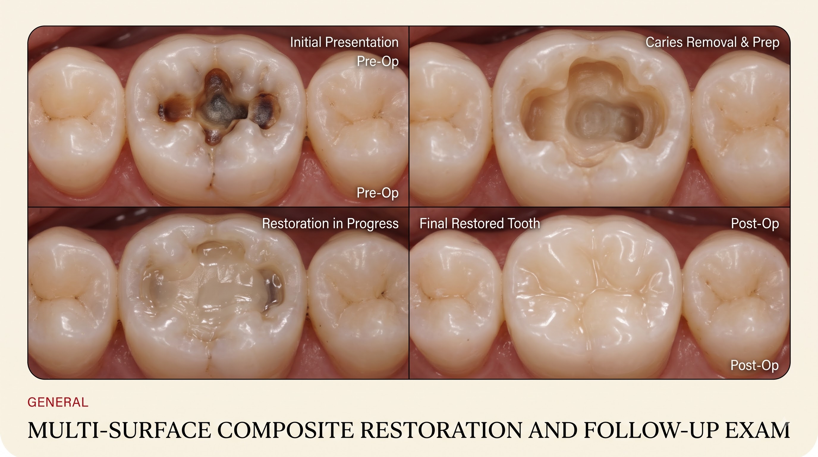 Illustrative diagram of a multi-surface composite restoration procedure, from initial decay through caries removal, restoration and the finished filling